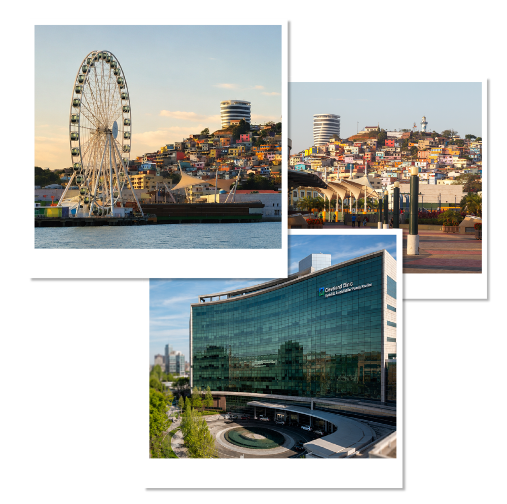 Collage de Guayaquil: la rueda La Perla frente al cerro Santa Ana, el Malecón, y un edificio de Cleveland Clinic.